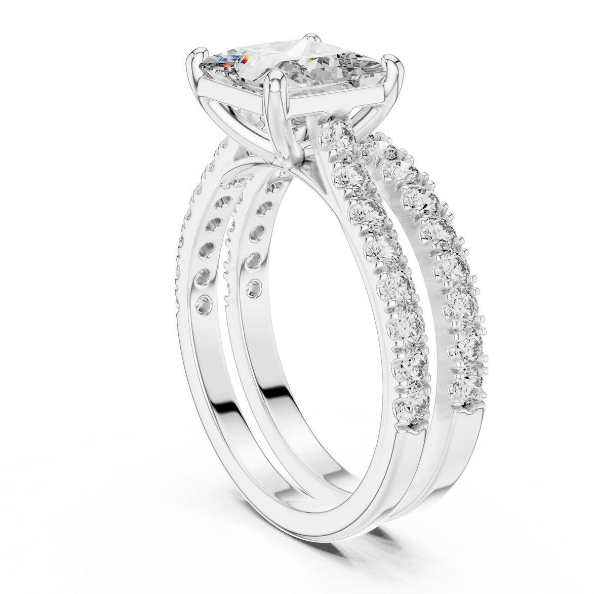 Princess cut diamond ring with double pavé diamond band and four-prong setting