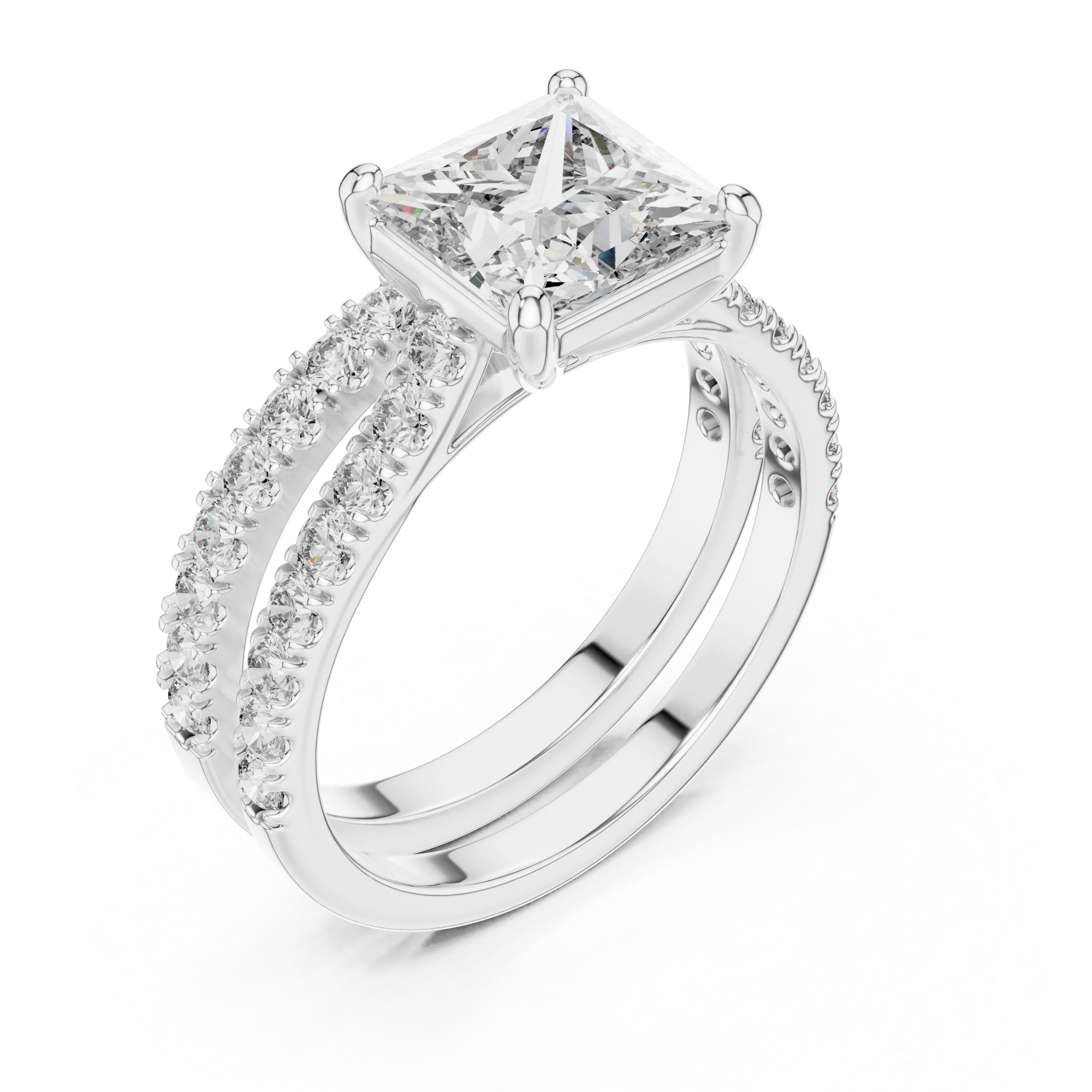 Princess cut diamond ring with double pavé diamond band and four-prong setting