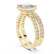 Princess cut diamond ring with double pavé diamond band and four-prong setting
