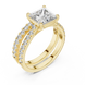 Princess cut diamond ring with double pavé diamond band and four-prong setting