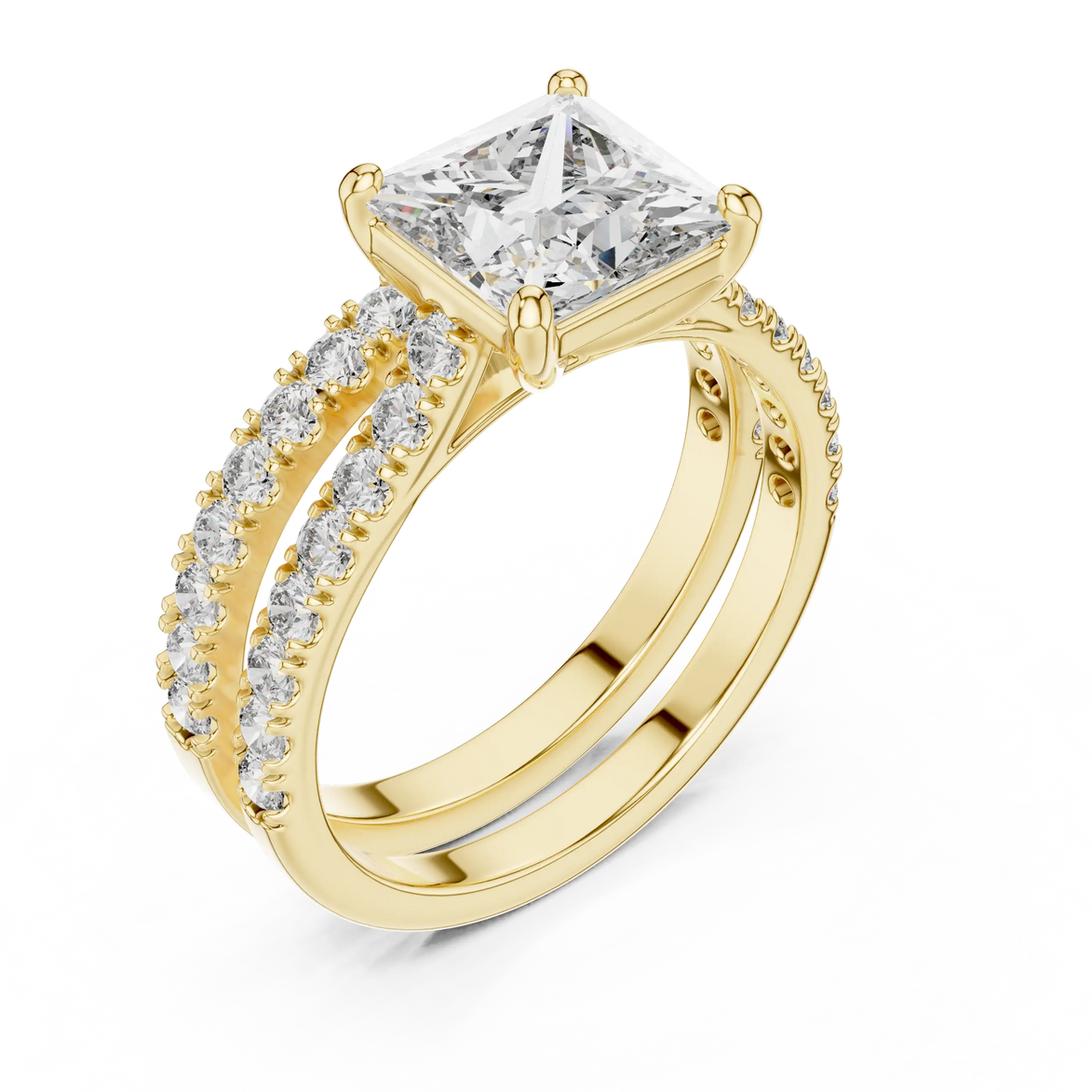 Princess cut diamond ring with double pavé diamond band and four-prong setting
