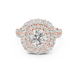 Round brilliant diamond engagement ring with double halo setting and pavé diamond band