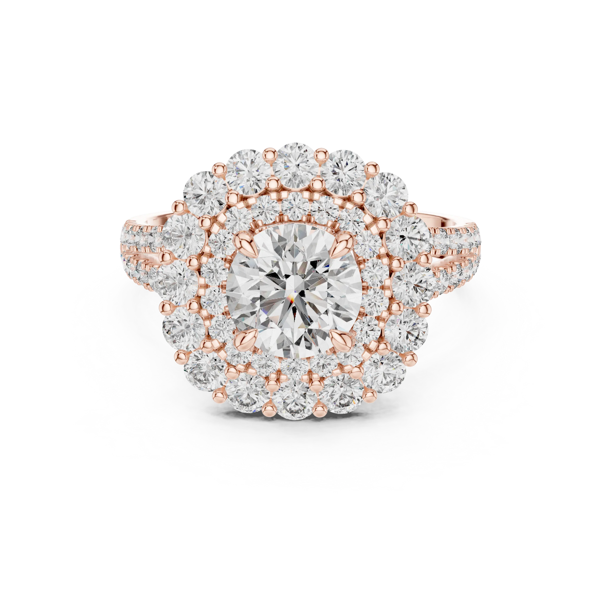 Round brilliant diamond engagement ring with double halo setting and pavé diamond band