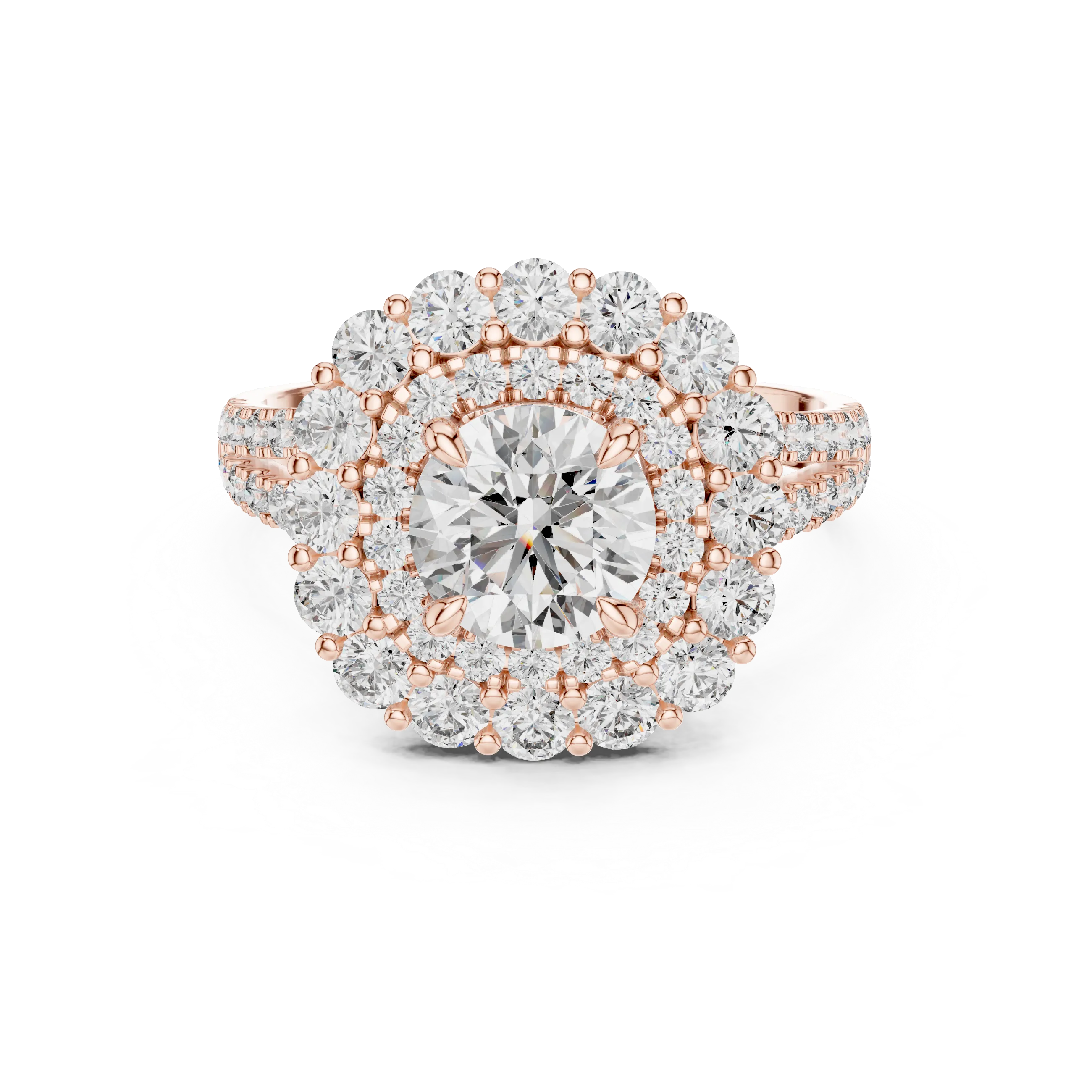 Round brilliant diamond engagement ring with double halo setting and pavé diamond band
