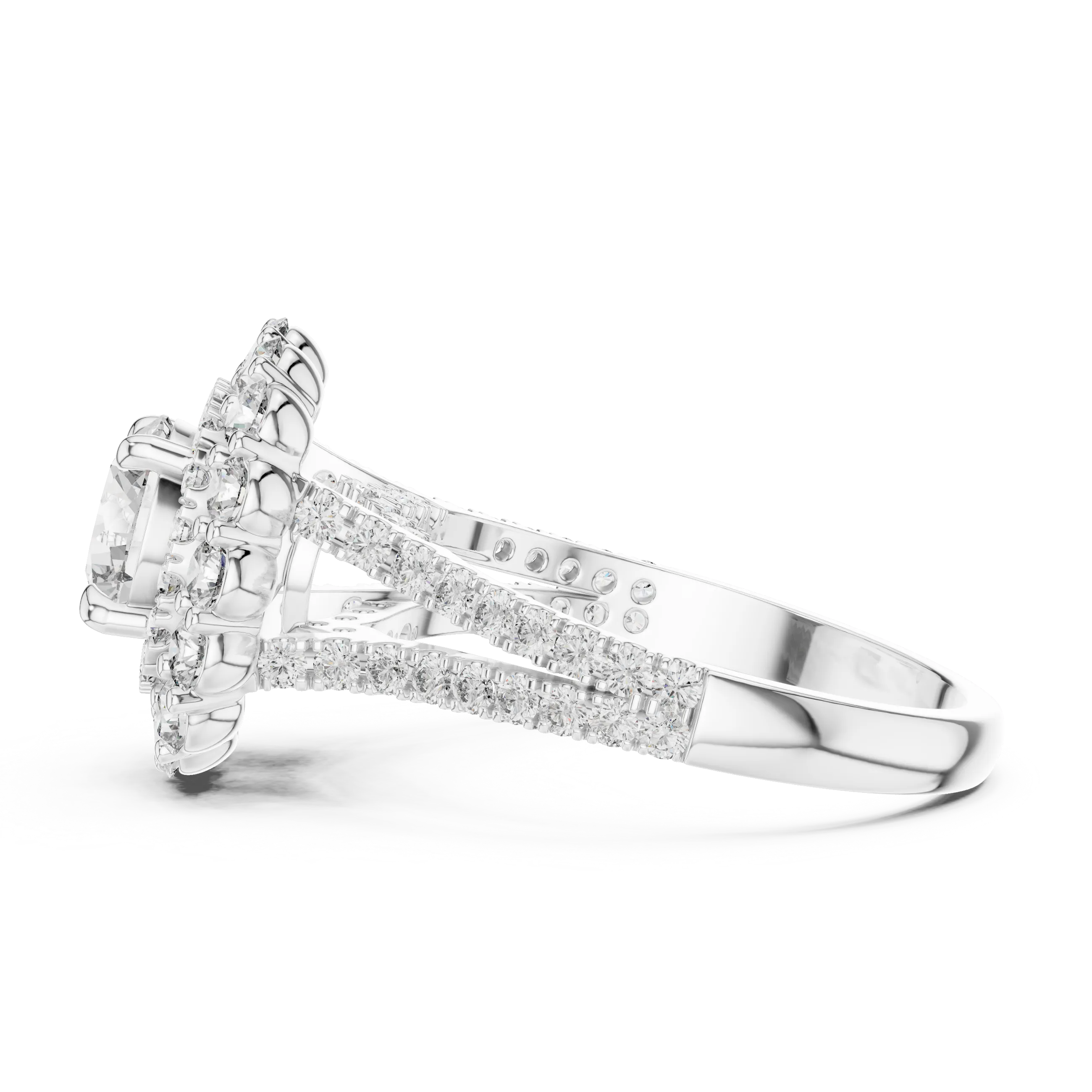 Round brilliant diamond engagement ring with double halo setting and pavé diamond band