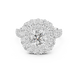 Round brilliant diamond engagement ring with double halo setting and pavé diamond band