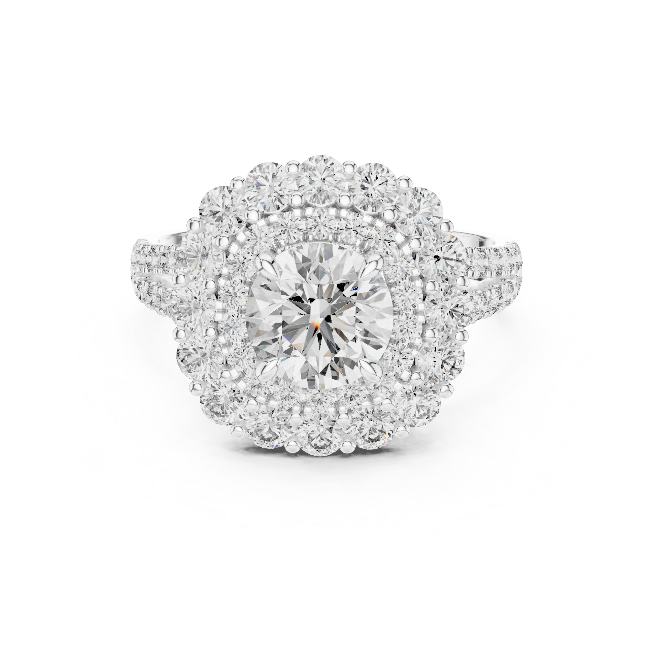 Round brilliant diamond engagement ring with double halo setting and pavé diamond band