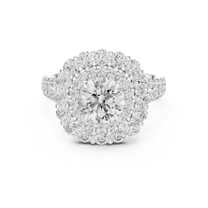 Round brilliant diamond engagement ring with double halo setting and pavé diamond band