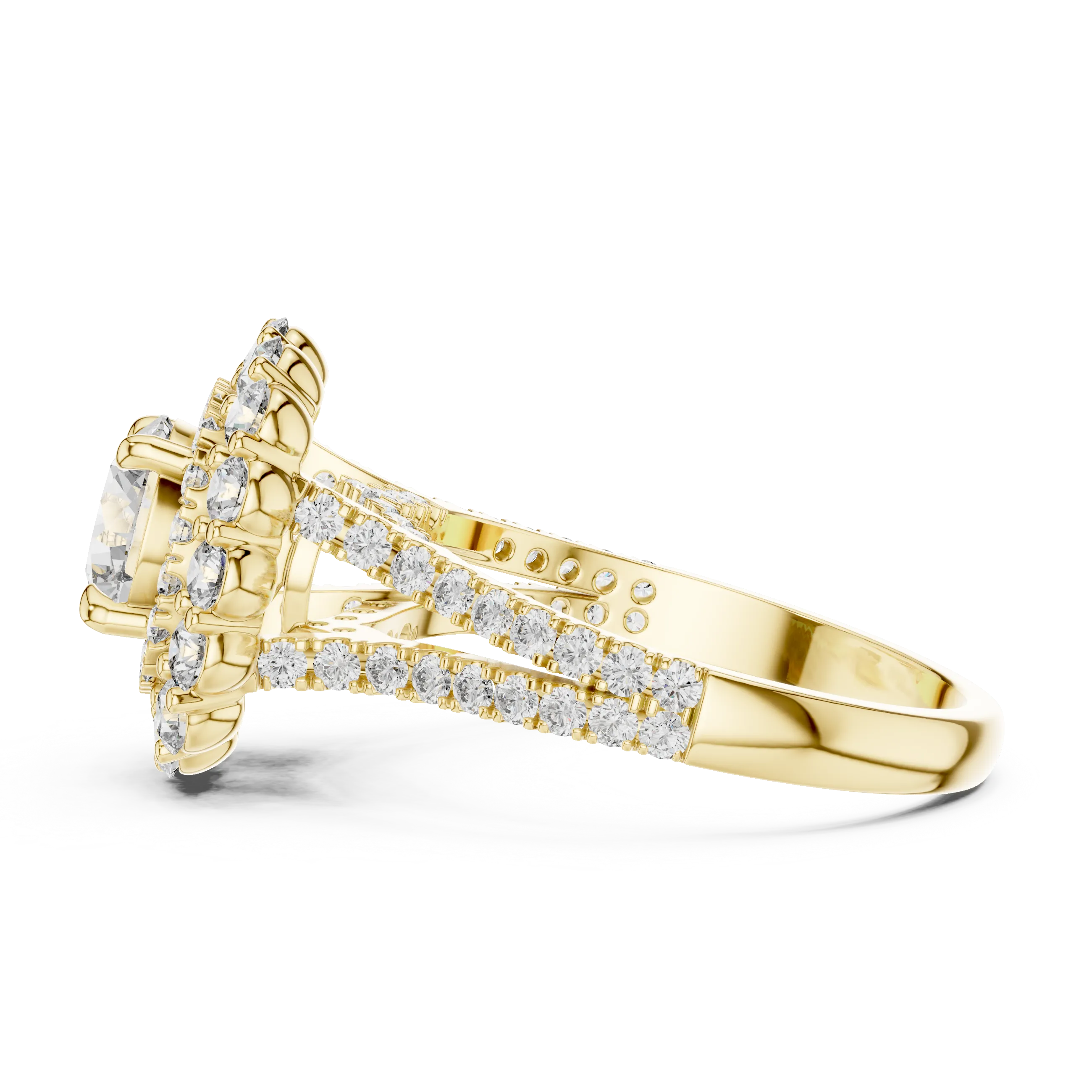 Round brilliant diamond engagement ring with double halo setting and pavé diamond band