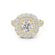 Round brilliant diamond engagement ring with double halo setting and pavé diamond band