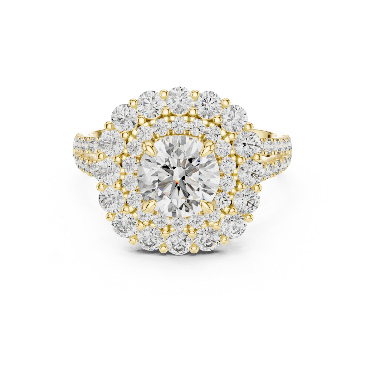 Round brilliant diamond engagement ring with double halo setting and pavé diamond band
