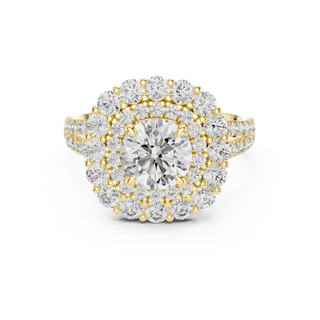 round diamond double halo ring in yellow gold
