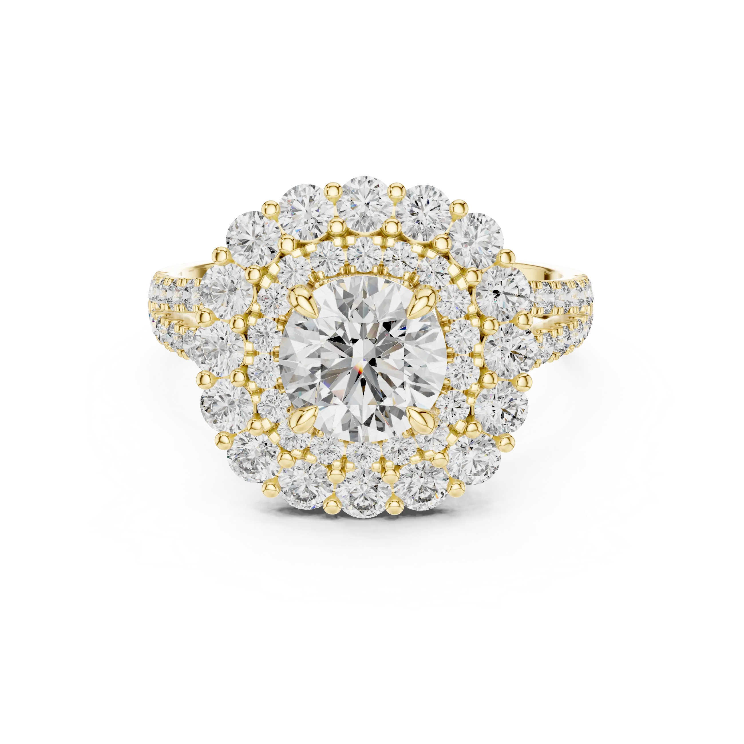 Round brilliant diamond engagement ring with double halo setting and pavé diamond band