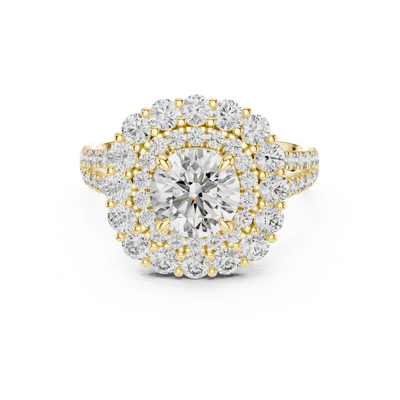 round diamond double halo ring in yellow gold