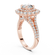 Round brilliant diamond engagement ring with double halo setting and pavé diamond band