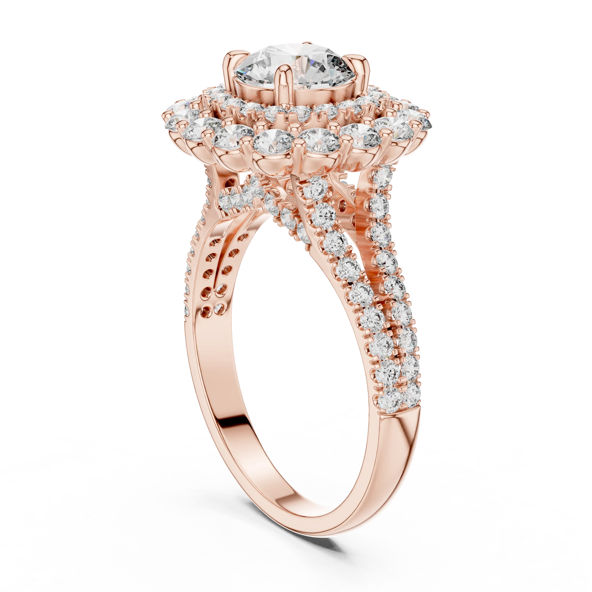 Round brilliant diamond engagement ring with double halo setting and pavé diamond band