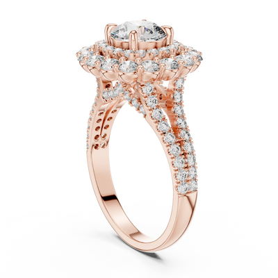 round diamond double halo ring in rose gold