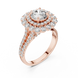 Round brilliant diamond engagement ring with double halo setting and pavé diamond band