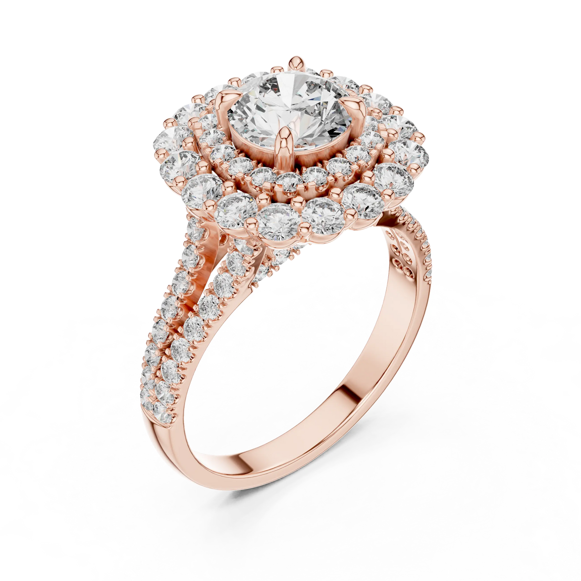 Round brilliant diamond engagement ring with double halo setting and pavé diamond band