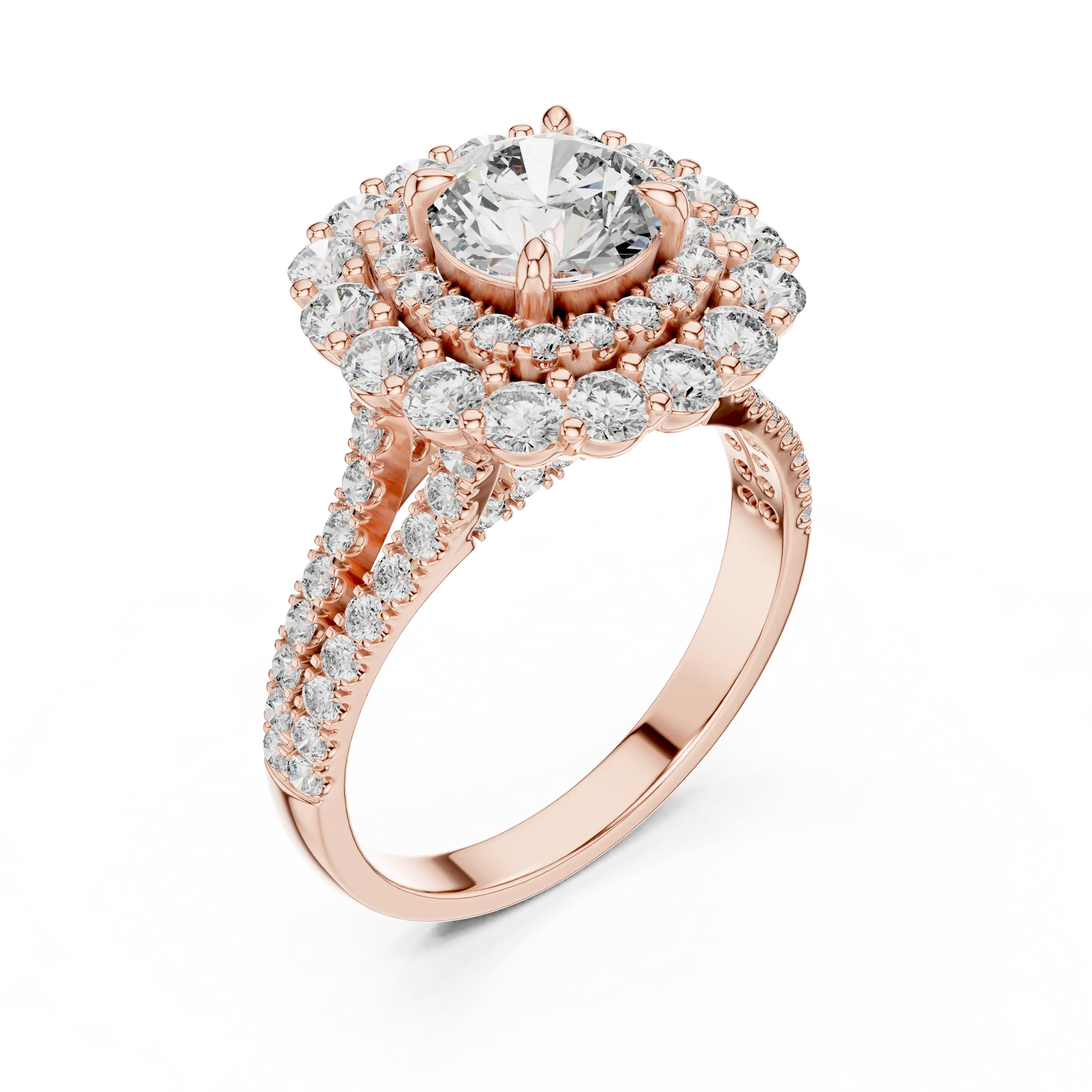 Round brilliant diamond engagement ring with double halo setting and pavé diamond band