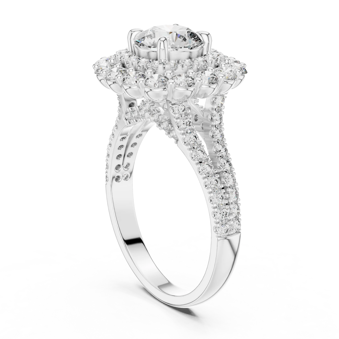 Round brilliant diamond engagement ring with double halo setting and pavé diamond band
