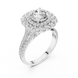 Round brilliant diamond engagement ring with double halo setting and pavé diamond band