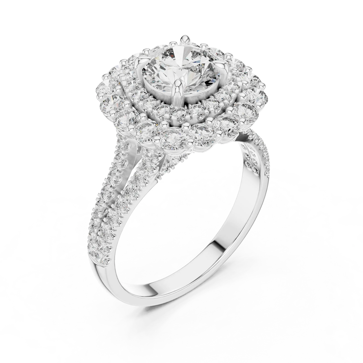 Round brilliant diamond engagement ring with double halo setting and pavé diamond band