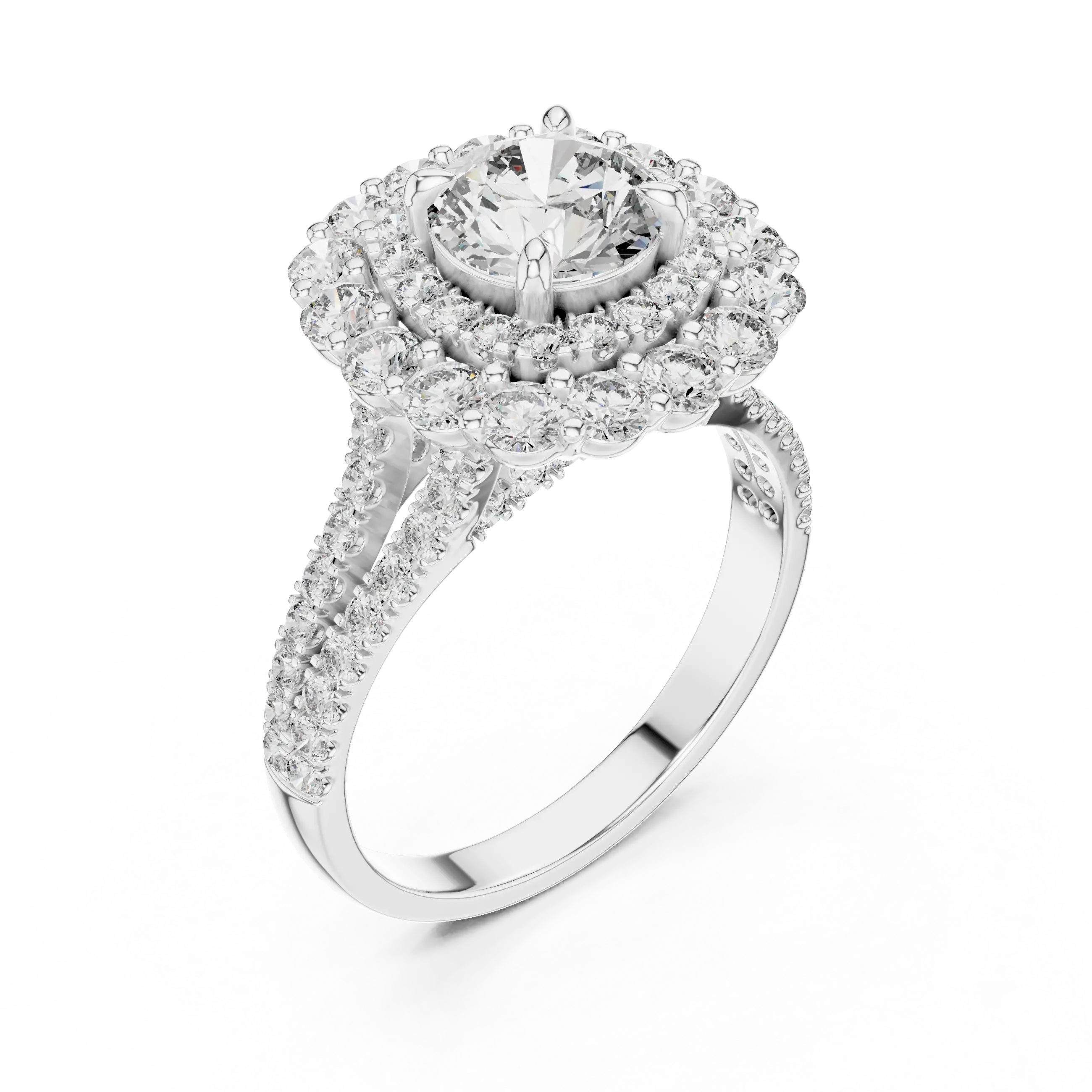 Round brilliant diamond engagement ring with double halo setting and pavé diamond band