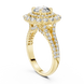 Round brilliant diamond engagement ring with double halo setting and pavé diamond band