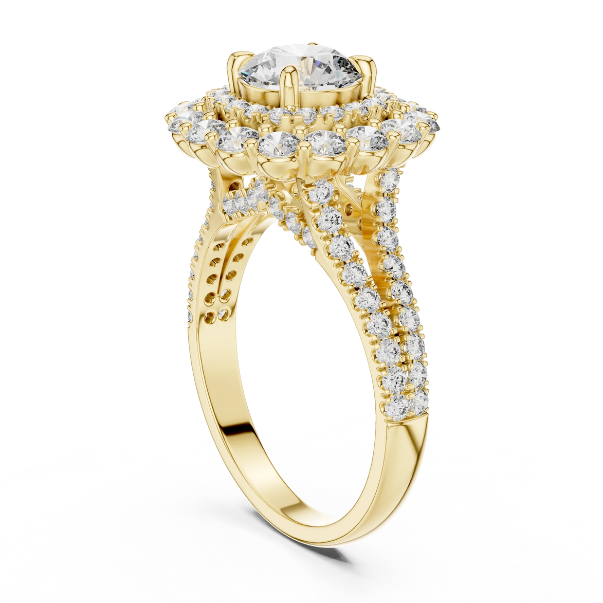 Round brilliant diamond engagement ring with double halo setting and pavé diamond band