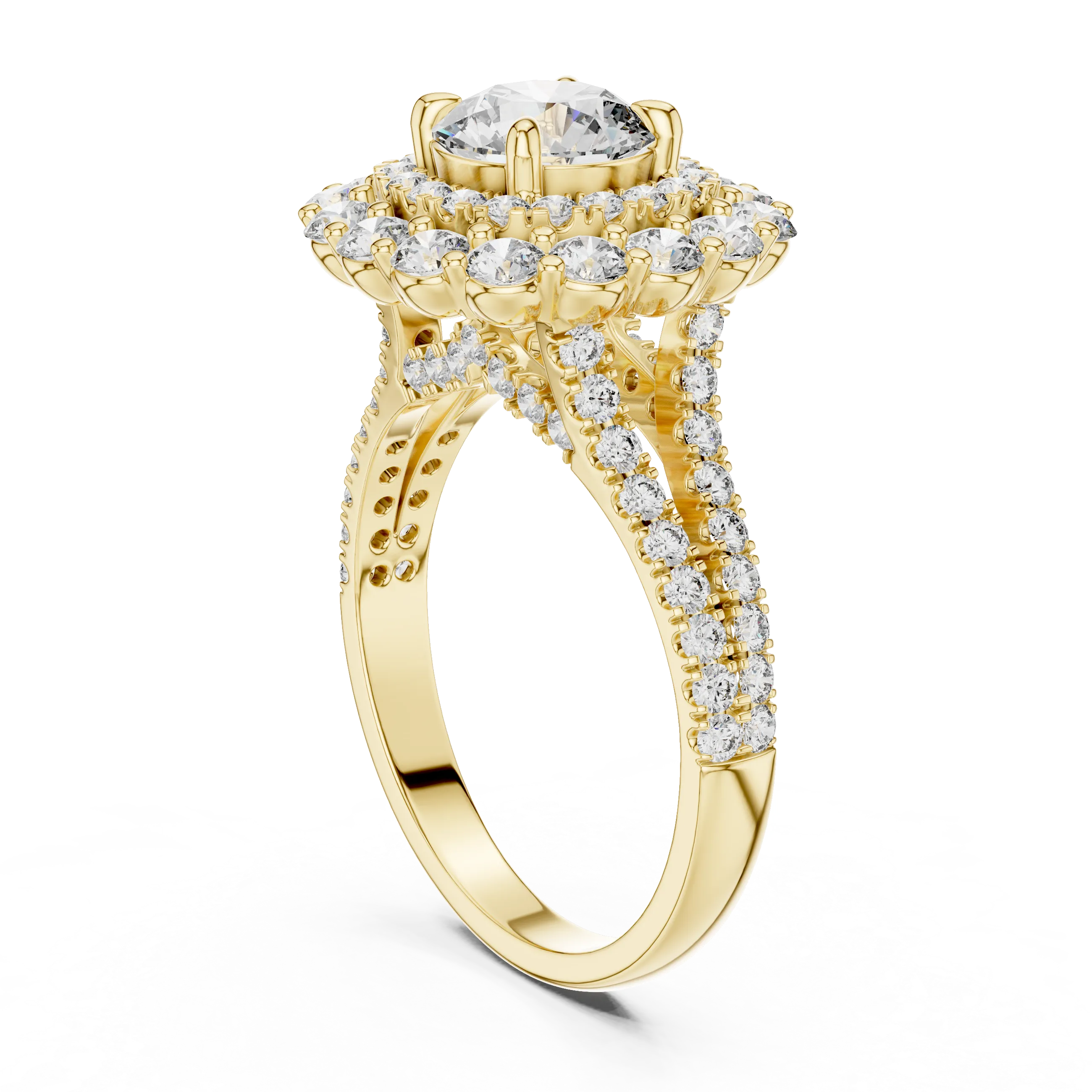Round brilliant diamond engagement ring with double halo setting and pavé diamond band