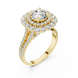 Round brilliant diamond engagement ring with double halo setting and pavé diamond band