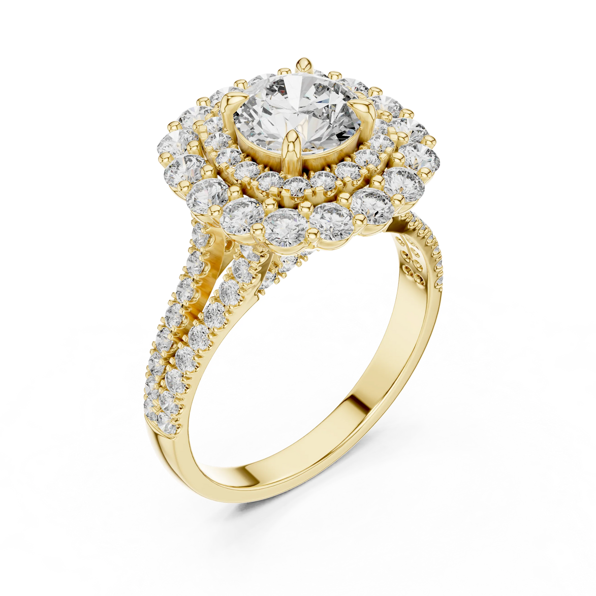 Round brilliant diamond engagement ring with double halo setting and pavé diamond band