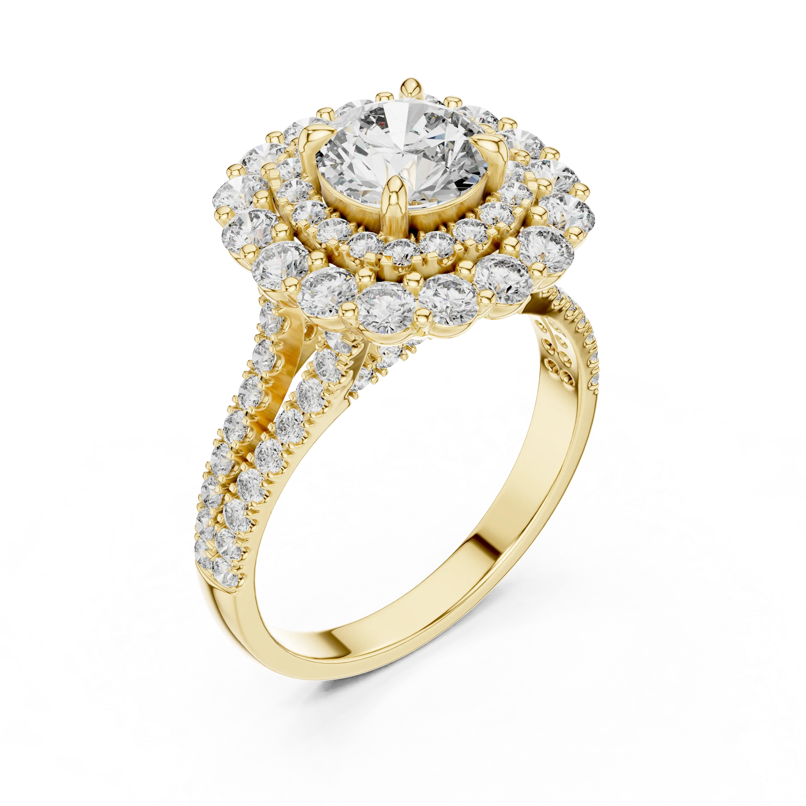 Round brilliant diamond engagement ring with double halo setting and pavé diamond band