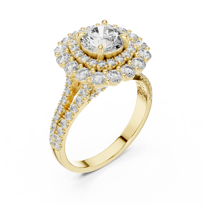 round diamond double halo ring in yellow gold