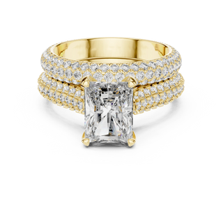radiant lab grown diamond pavé ring in yellow gold
