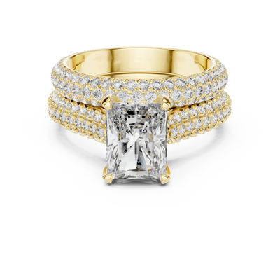 radiant lab grown diamond pavé ring in yellow gold
