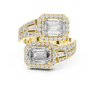 emerald diamond twin halo bypass ring in yellow gold

