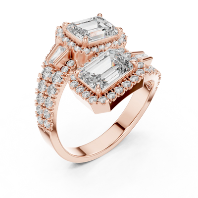 emerald diamond twin halo bypass ring in rose gold

