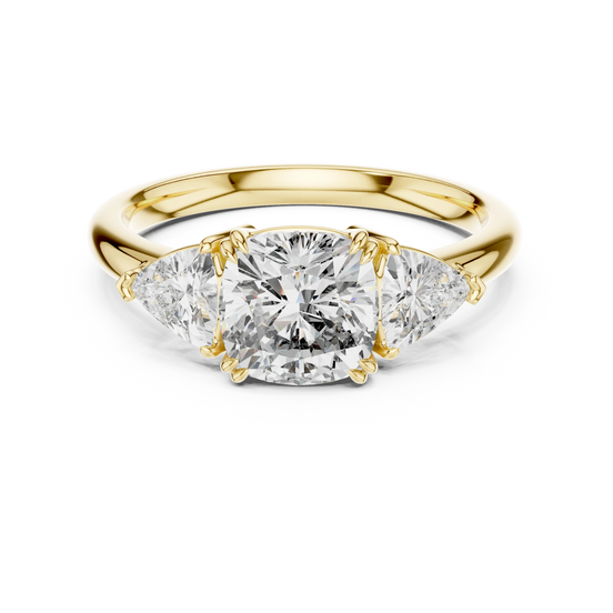 Cushion lab grown diamond three stone engagement ring in yellow gold