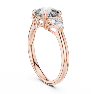 Cushion lab grown diamond three stone engagement ring in rose gold