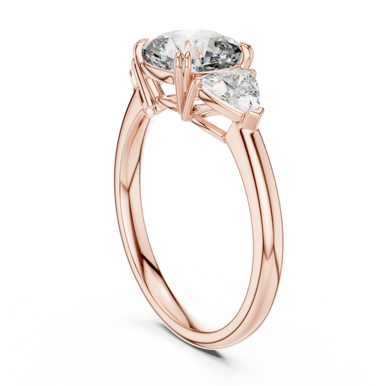 Cushion lab grown diamond three stone engagement ring in rose gold