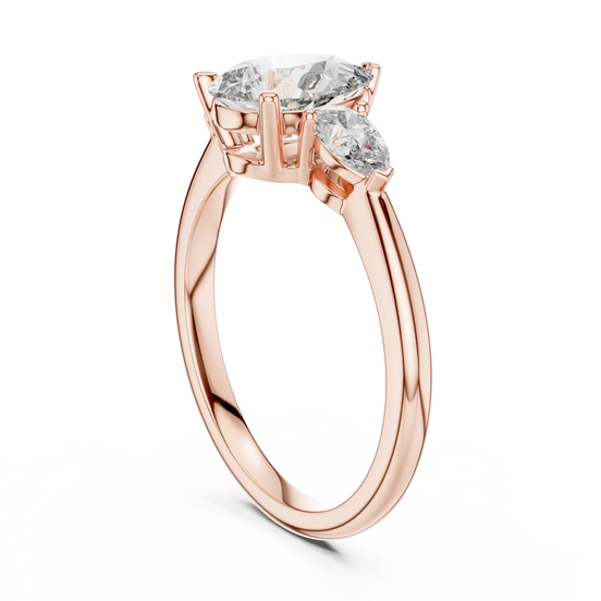 Pear lab grown diamond three stone engagement ring in rose gold