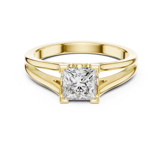 Princess lab grown diamond split shank engagement ring in yellow gold