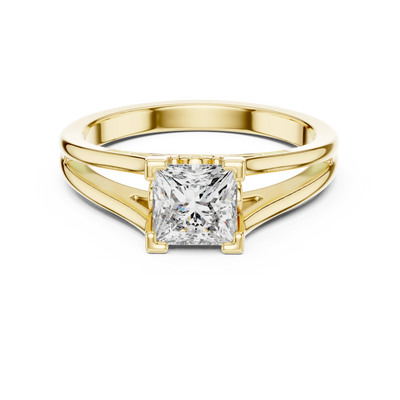 Princess lab grown diamond split shank engagement ring in yellow gold