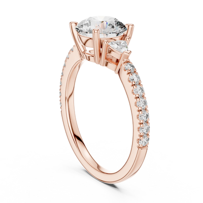 Round lab grown diamond three stone engagement ring in rose gold