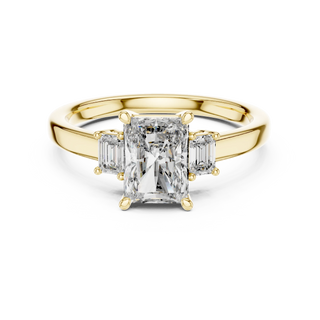 Radiant lab grown diamond three stone engagement ring in yellow gold