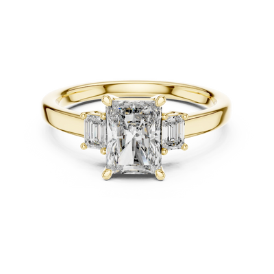 Radiant lab grown diamond three stone engagement ring in yellow gold