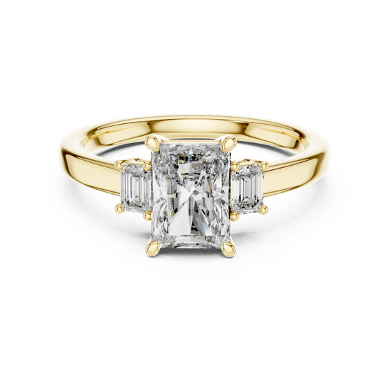 Radiant lab grown diamond three stone engagement ring in yellow gold