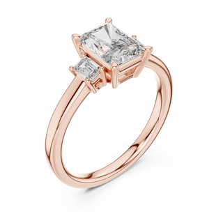 Radiant lab grown diamond three stone engagement ring in rose gold